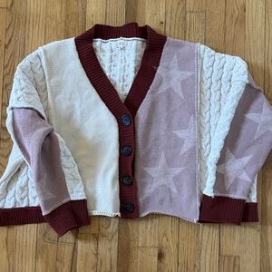 POL Burgundy and Cream pink Star oversized crop Cardigan sweater small